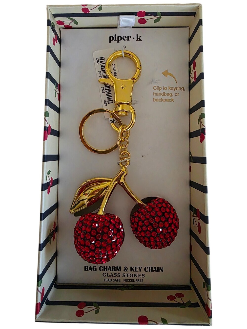 NWT Piper K Crystal Red Cherries Bag Charm Cherry Purse Keychain NEW Gold w/ Box